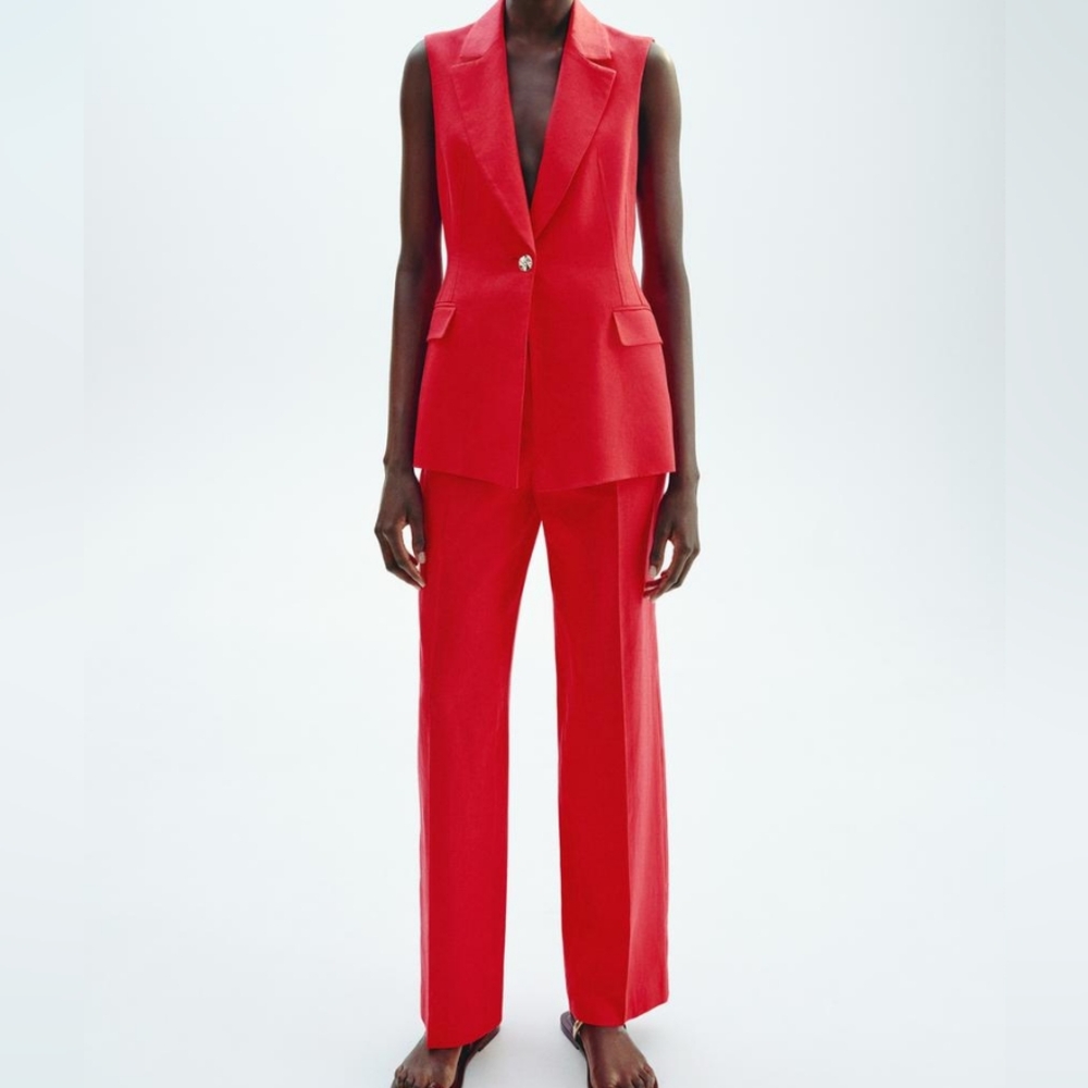Zara Set Linen Long Vest XL + Straight Leg Pants L Strawberry Zw Collection BNWT